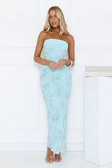 Sparkling Floral Embellished Strapless Maxi Blue