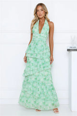 Summer Haze Floral Print Halter Maxi Dress Green