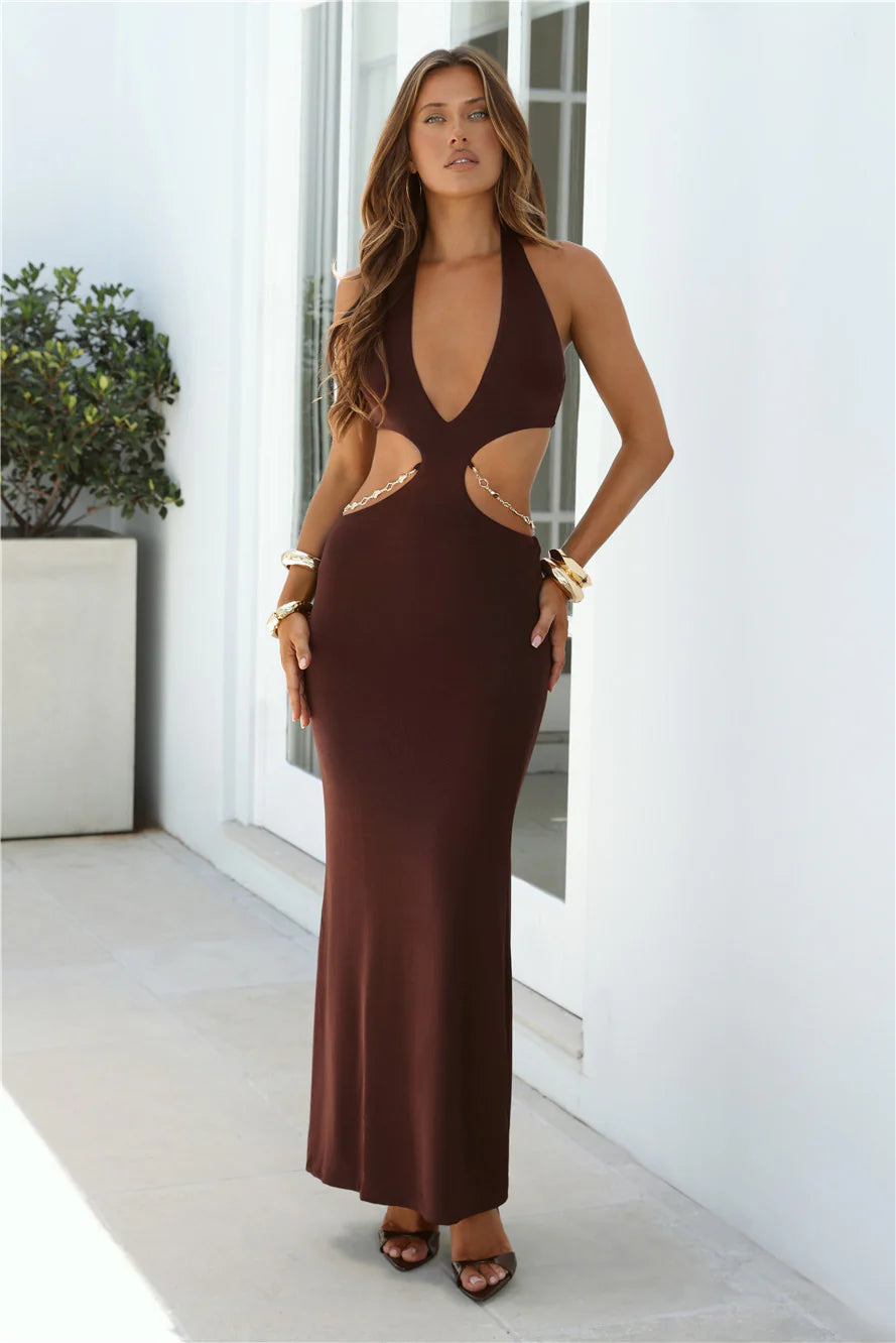 Tropical Tease Halter Maxi Dress Chocolate