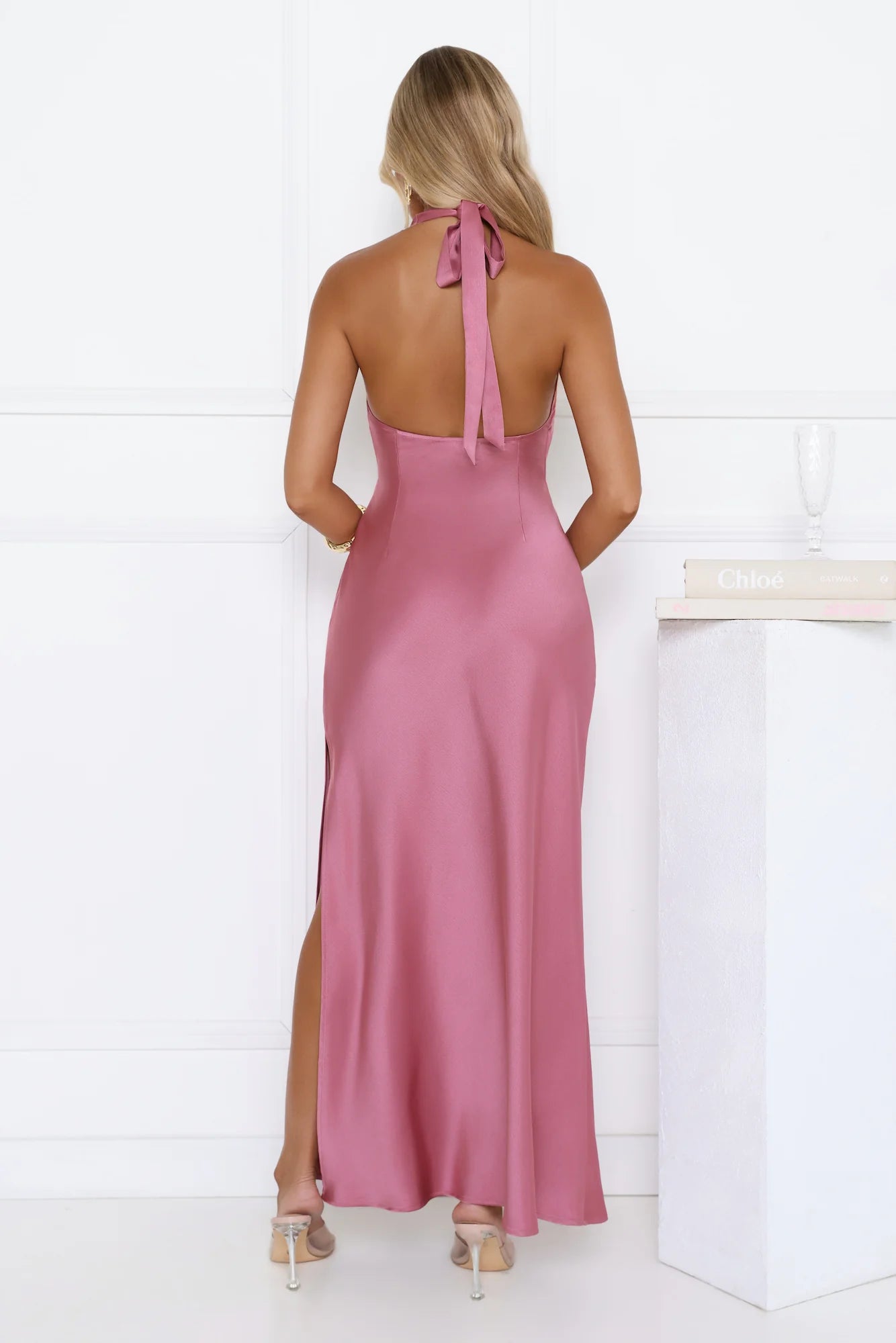 Polished Perspective Halter Satin Maxi Dress Pink