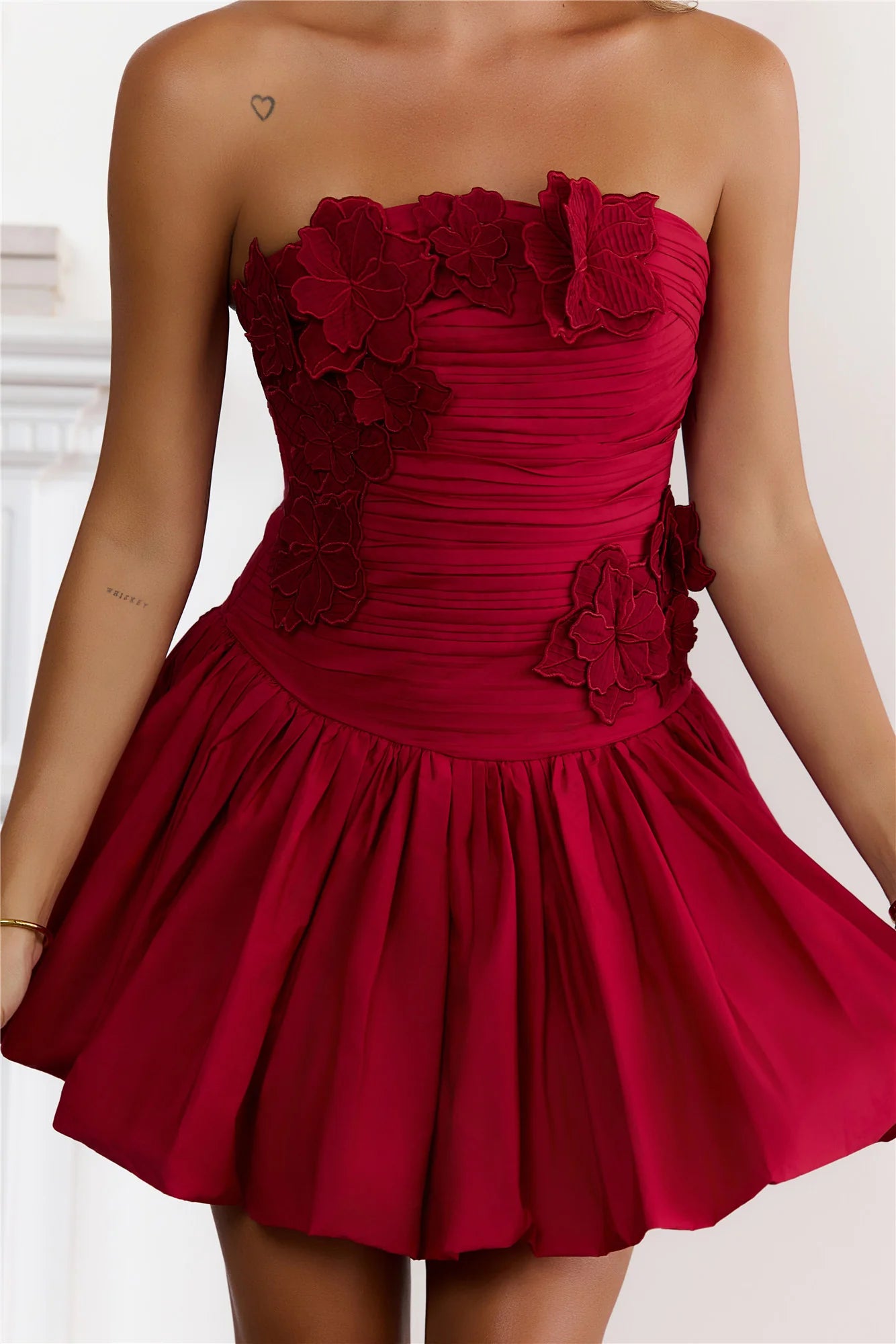 Floral Dream Strapless Ruched Mini Dress Red